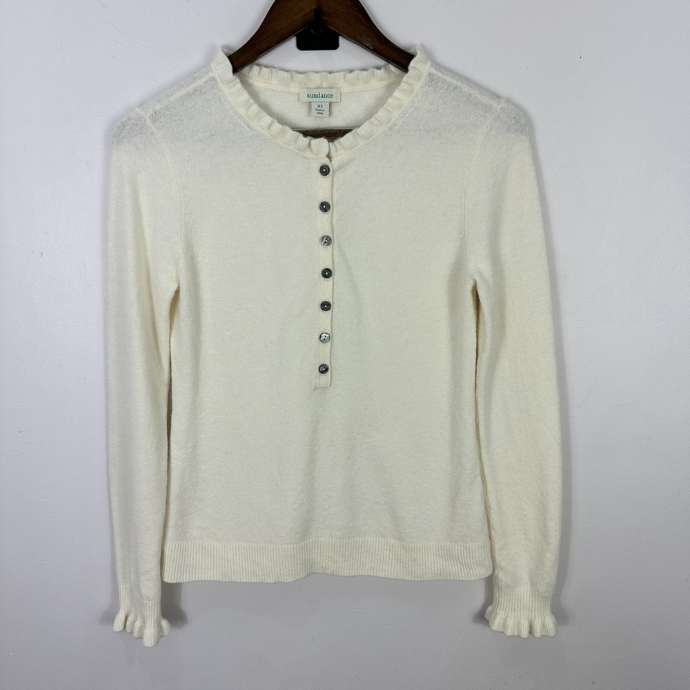 Sundance XS Ivory Ruffle Trim Henley Sweater Cashmere Blend Cottagecore Romantic